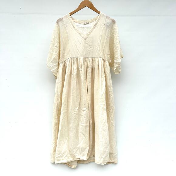 World Of Crow Boxy Sleeve Summer Dress Cotton Cottagecore Boho Cream XS Prairie - Picture 2 of 11